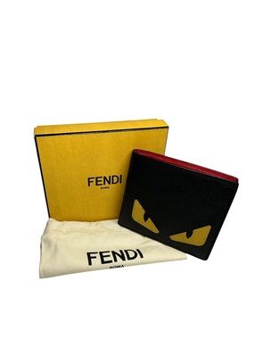 Authentic Fendi monster eyes Men’s Black & Yellow Leather Bifold Wallet